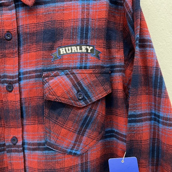 Hurley Shirt Mens LARGE Red & Blue Plaid Flannel Button Up Front Pockets Logo - Picture 4 of 15